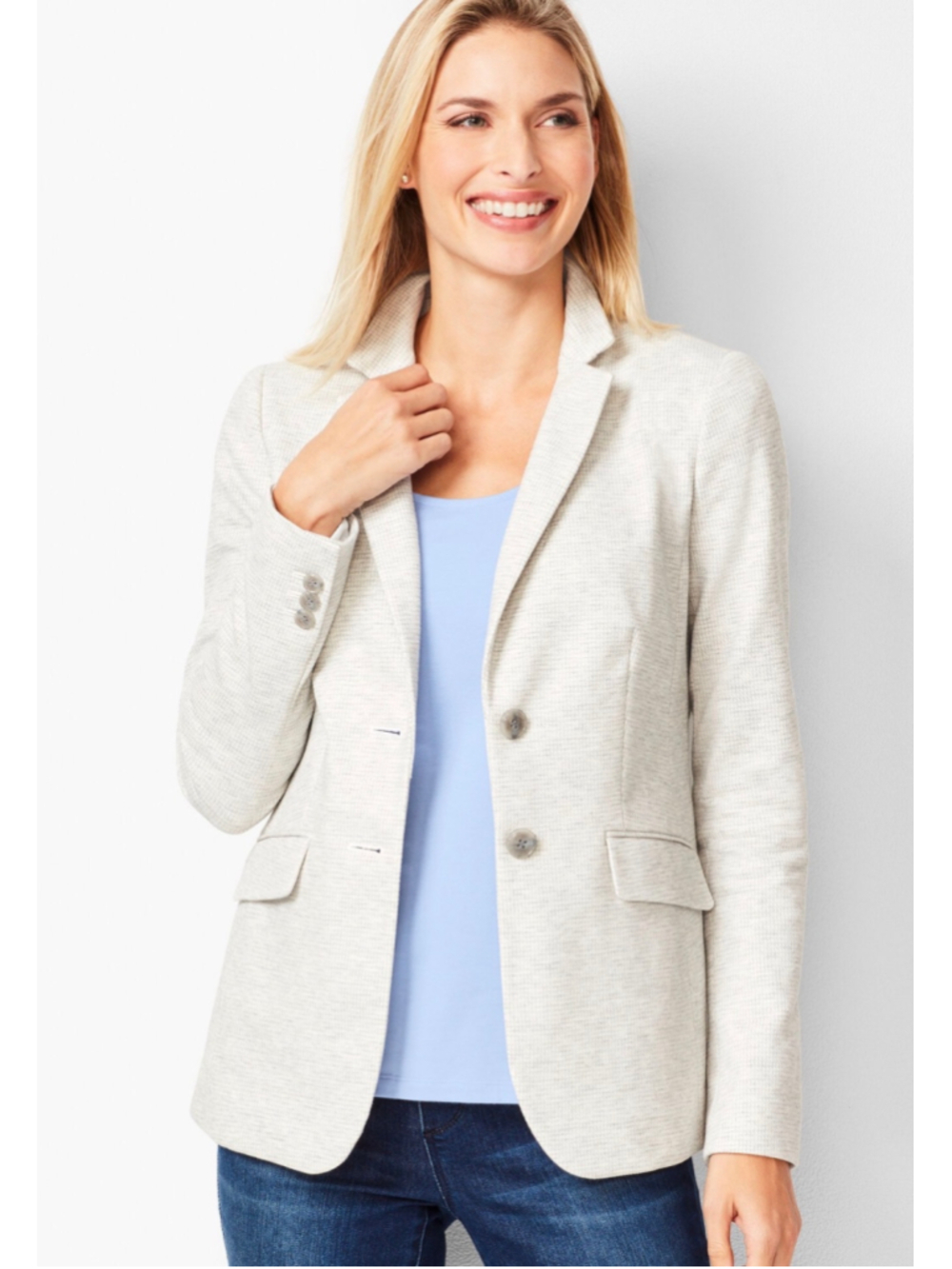 Talbots Aberdeen Knit Blazer 10P Gray Cream Ponte Houndstooth Jacket EUC Neutral
